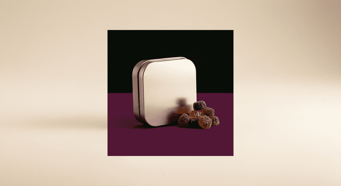 Three sugared Sleep cubes stacked on honed limestone